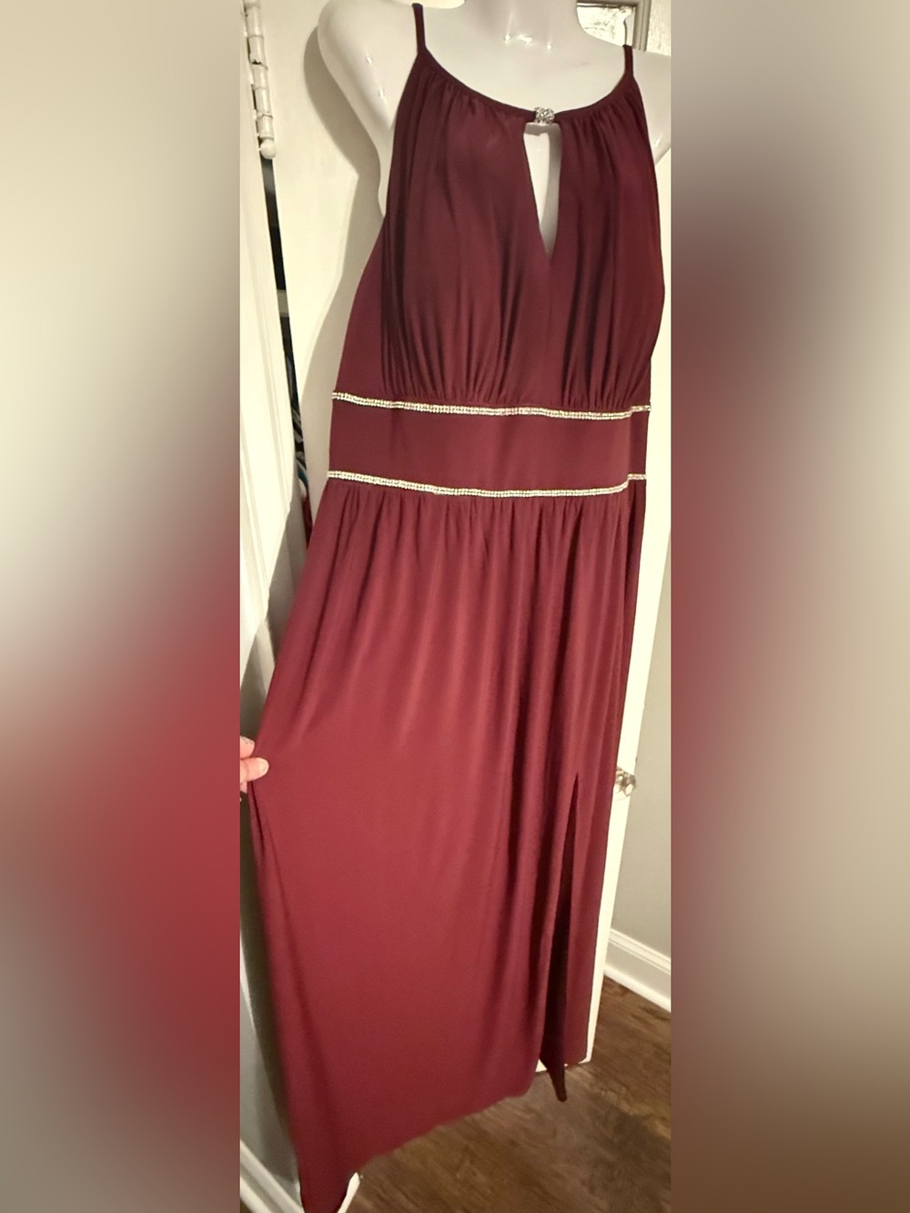 Oleg Cassini Wine Red Jersey Halter Rhinestone Keyhole Maxi Gown Slit NWT 18W